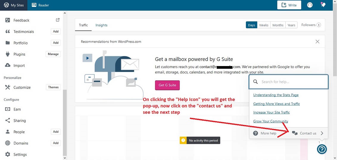 Step 3 - Click the contact us button on the WordPress help icon popup